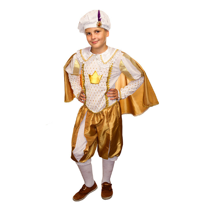 Костюм Принц золотой Бархатный костюм золотого Принца для мальчика. В комплект входит: берет, плащ, бриджи, камзол
