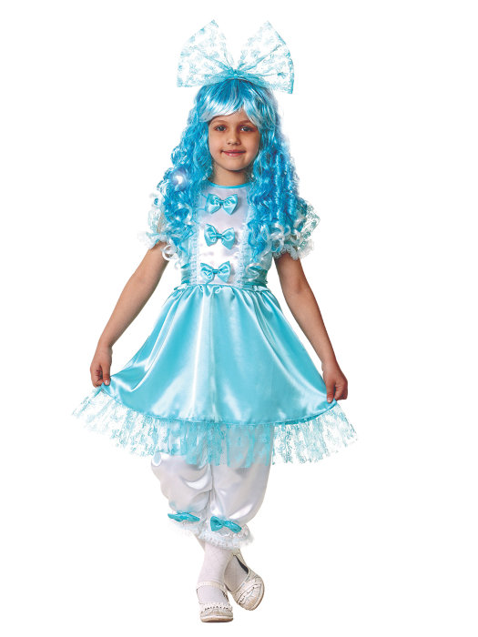 Костюм Мальвина 7025 Костюм сказочной куклы Мальвины с голубыми волосами для девочек от 3 до 12 лет, в комплекте платье, панталоны, бант, парик