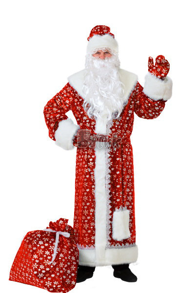 Костюм Дед Мороз плюш, красный 184 Костюм Деда Мороза мужской новогодний из плюша. В комплекте: рукавицы, борода, пояс, мешок, пышная шапка и шуба