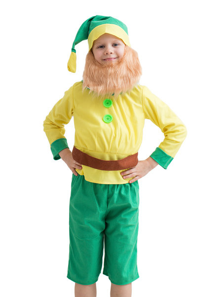 Костюм Гном с пуговицами Бо2135 Детский карнавальный костюм на мальчика 5-7 лет. В комплекте колпак, борода, кофта, набивной живот, пояс и бриджи.