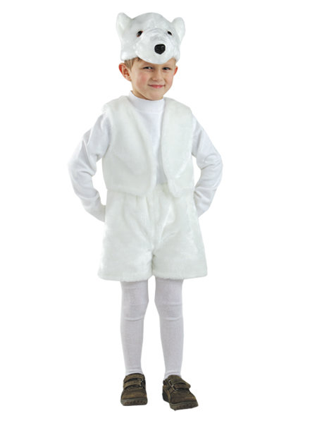 Костюм Медведь белый 117 Детский карнавальный костюм белого медвежонка на возраст 3-5 лет. В комплекте шапочка, жилет, шорты