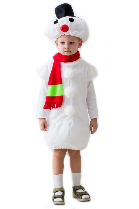 Костюм Снеговик трикотаж Детский карнавальный костюм Снеговика из трикотажа. В комплект входит шапочка, шарф и безрукавка набивная.