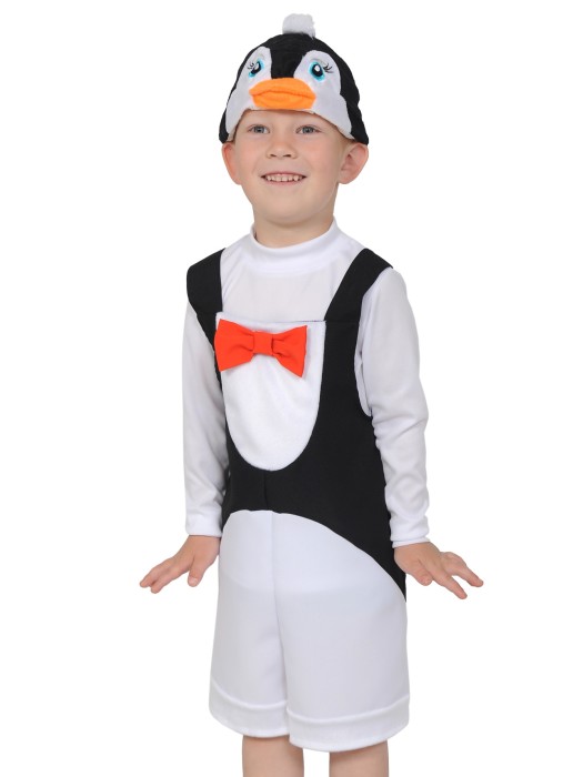 Костюм Пингвин ткань-плюш 2032 Костюм Пингвина для мальчика  от 3 до 5 лет на рост 92-122см из ткани и плюша. В комплекте полукомбинезон и шапочка.