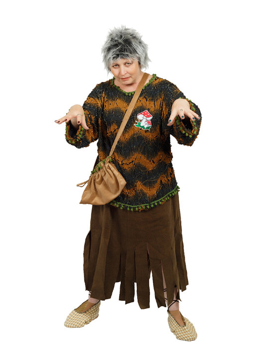 Костюм Кикимора А237 Женский карнавальный костюм Кикимора, размер 48-50. В комплекте парик, блуза, юбка, лапти и сумка.