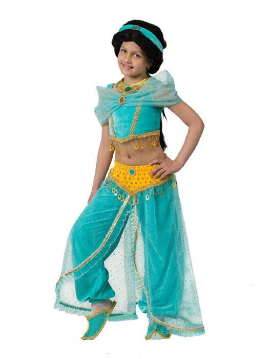 Костюм Принцесса Жасмин Б-497 Детский карнавальный костюм Принцесса Жасмин выполнен из бархата. В комплект костюма входит топ, шаровары, башмачки, брошь в количестве 3 штук, ожерелье, повязка и парик