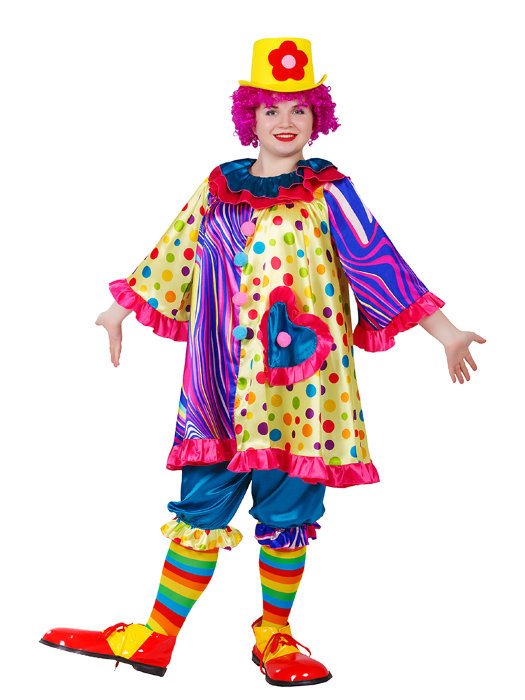 Женский костюм Клоунесса Женский карнавальный костюм Клоунесса, в комплекте туника, штаны, шляпа, парик, нос, гольфы. Ботинки клоуна в комплект не входят.