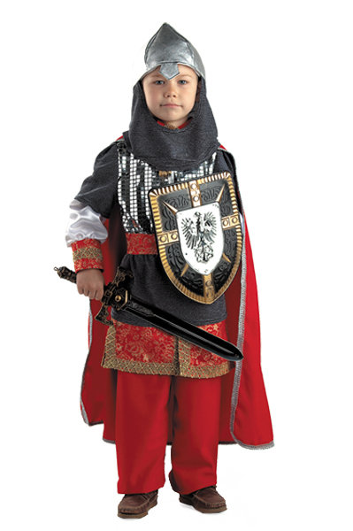 Костюм Витязь Б-903 Детский костюм Витязя для мальчика, в комплекте: кольчуга, рубаха, брюки, плащ, пояс, шлем + щит и меч