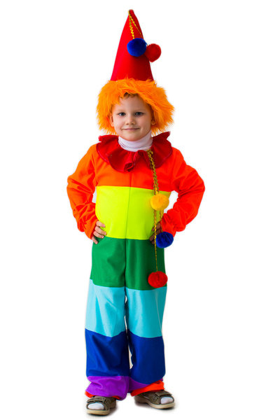 Костюм Клоун Радуга 1972 Яркий детский костюм Клоун Радуга на детей 5-7 лет. В комплекте: колпак с волосами на липучке, комбинезон