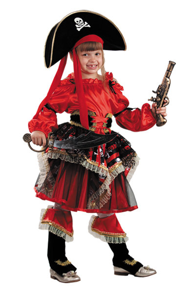 Костюм Пиратка красная 455 Яркий карнавальный костюм красной пиратки для девочек. В комплекте: блуза, юбка, пояс, сапоги + шляпа, сабля, мушкет