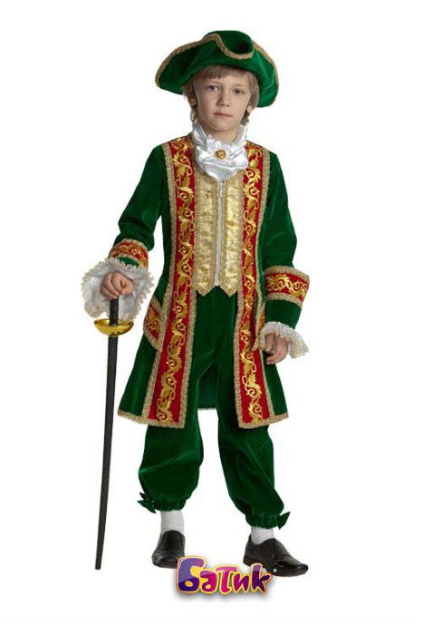 Костюм Петр 1 Б-919 Детский костюм Петра 1 для мальчика. В комплекте: камзол, бриджи, манжеты, жабо + треуголка и шпага