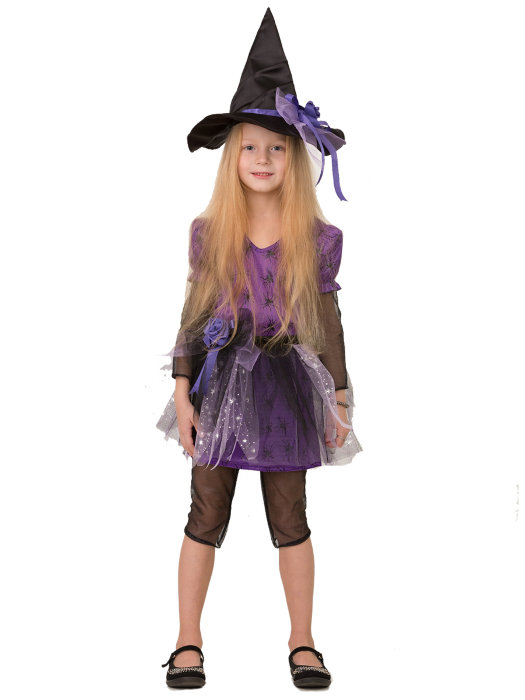 Костюм Ведьмочка-1 8075 Детский карнавальный костюм ведьмы для девочек. В комплекте: платье, колпак, пояс и леггинсы