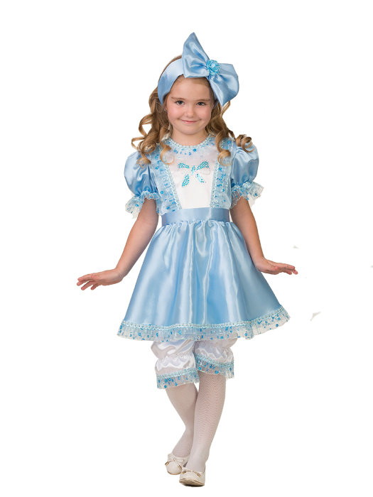 Костюм Мальвина 7026 Костюм куклы Мальвины с голубым бантом для девочек от 3 до 9 лет, в комплекте платье, панталоны, бант