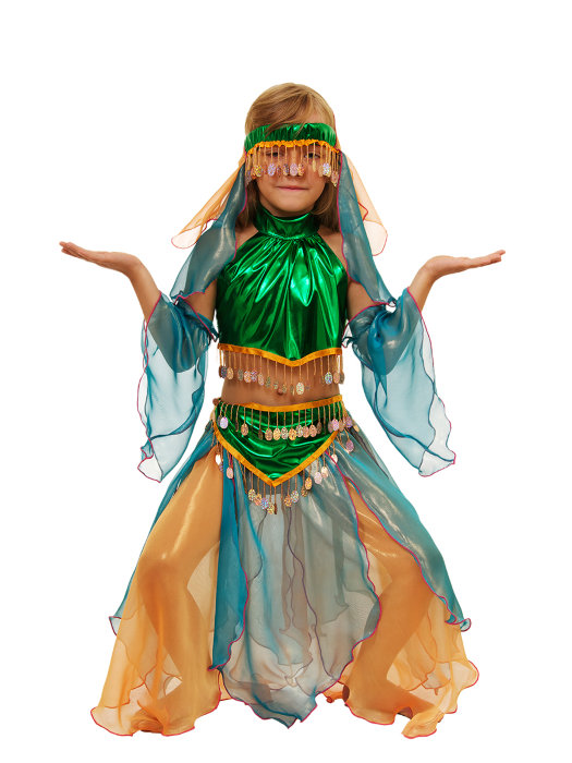 Костюм Шахерезада изумрудная А004 Костюм восточной принцессы Шахерезады для девочки 6-7 лет, размер 32 на рост 122см В комплекте: вуаль, топ изумрудный, нарукавники и юбка.
