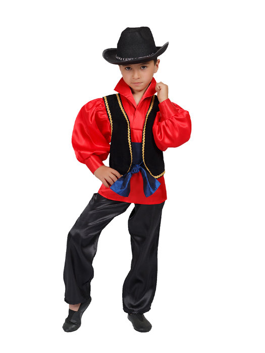 Костюм Цыган, для мальчика Детский карнавальный костюм цыгана для мальчика 6-7 лет. В комплекте: шляпа,рубаха, штаны, жилет и пояс.