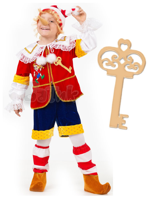 Костюм Буратино, бархат 5124 Детский карнавальный костюм Буратино. В комплекте: куртка, шорты, башмаки с гетрами, колпак с волосами, нос