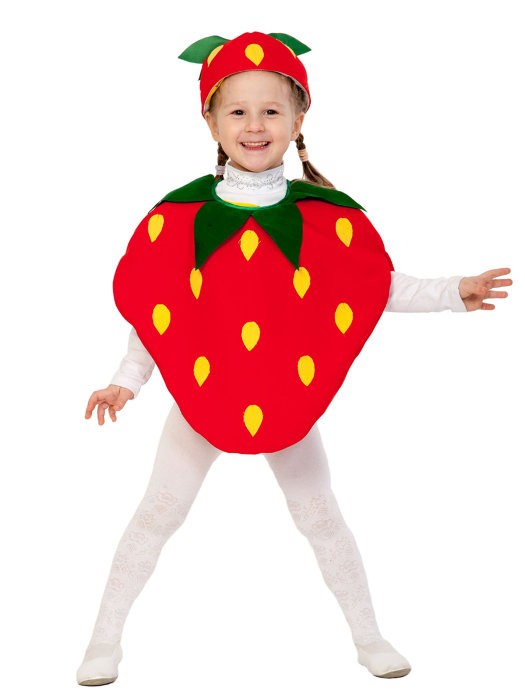 Костюм Клубничка 5208 Костюм ягода Клубничка на праздник урожая для детей 4-7 лет. В комплекте: шапочка и накидка.