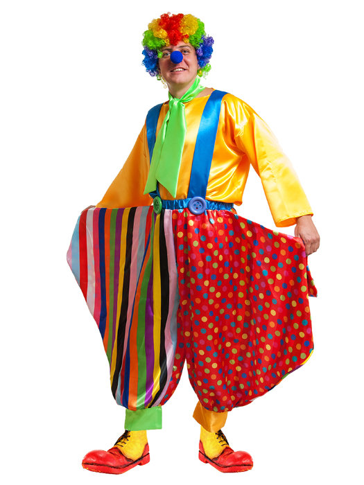 Костюм Клоун взрослый Карнавальный костюм Клоуна, в комплекте парик, комбинезон, галстук, рубаха. Ботинки клоуна в комплект не входят.