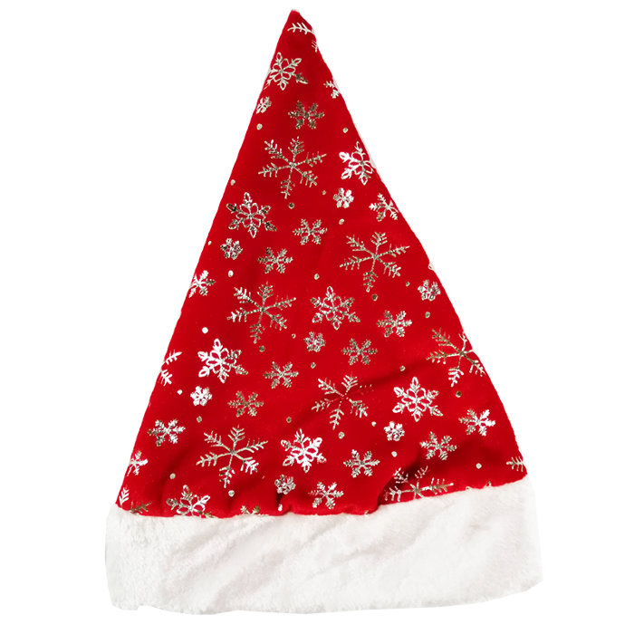Новогодний колпак Деда Мороза снежинки, красный плюш Новогодний колпак Деда Мороза из плюша, размер 29*37см. Подойдет и взрослым и детям