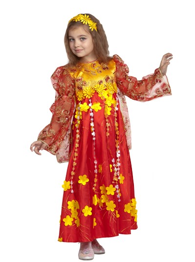 Костюм Лето красное 474 Детский театральный костюм Лето для девочки. В комплекте платье с накидкой и венок