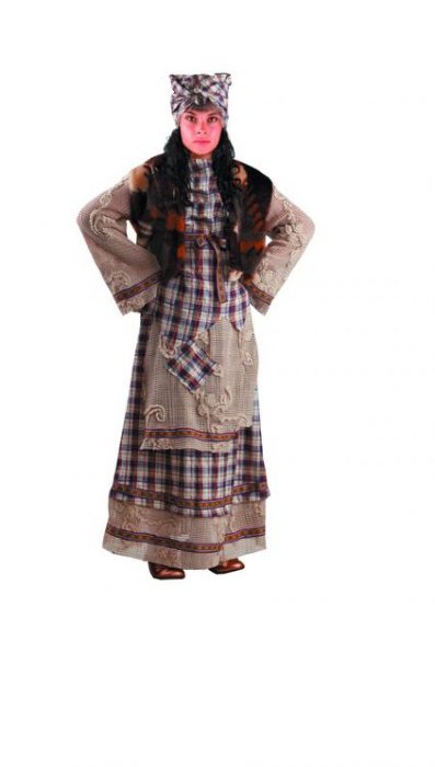 Костюм женский Баба Яга Б-1101 Женский карнавальный костюм. В комплекте: блуза, кардиган, юбка с передником, косынка с волосами