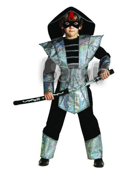 Костюм Ниндзя серебряный 947 Костюм для мальчика Ниндзя серебрянный, в комплекте: куртка, брюки, кимоно, маска + меч