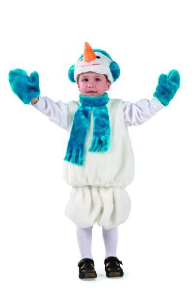 Костюм Снеговик Б-137 Детский костюм снеговика на возраст 3-5 лет, в комплект костюма входит маска, безрукавка с шарфиком, шорты и варежки. 