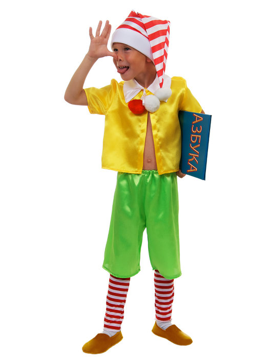 Костюм Буратино А071 Костюм веселого Буратино для детей от 3 до 6 лет. В комплекте: колпак, рубашка, шорты и гетры.