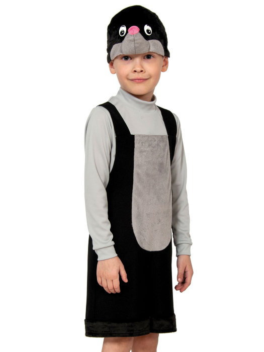 Костюм Кротик ткань-плюш 2113 Костюм маленького Крота для мальчика 3-5 лет размер XS ( рост 92-122 см) из плюша. В комплекте полукомбинезон и шапочка