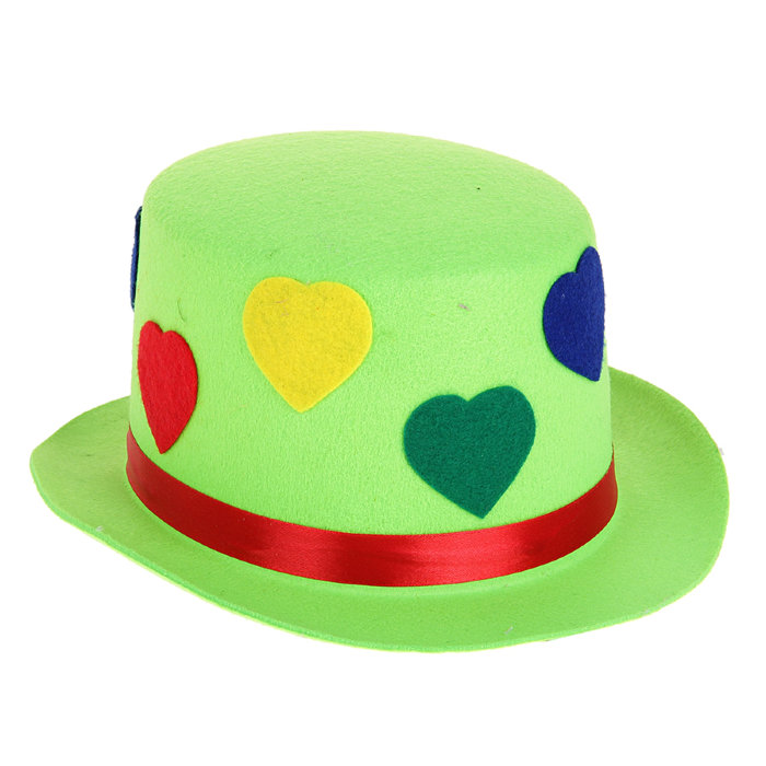 Шапка клоуна с сердцами из фетра зеленая Яркая зеленая фетровая шапка клоуна с фетровыми сердцами