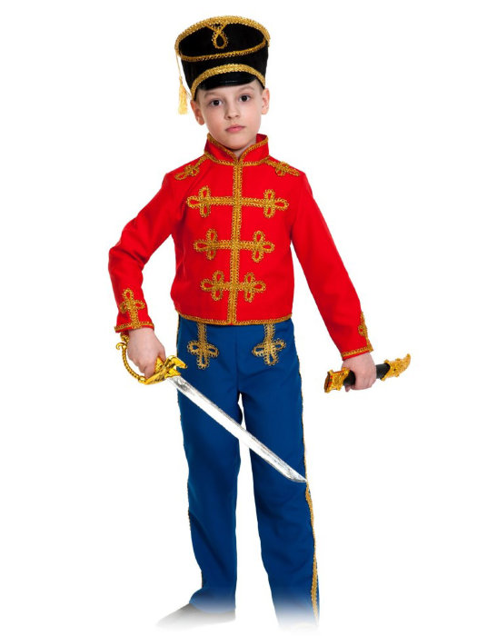 Костюм Гусар 5120 Костюм Гусара для мальчиков от 5 до 10 лет. В комплекте: кивер, красный мундир, синие брюки и шпага