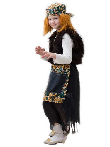 Костюм Баба Яга детский 1126 Детский костюм Бабы Яги на 5-7 лет, в комплекте: меховой жилет, юбка с передником, косынка с волосами, набивной горб