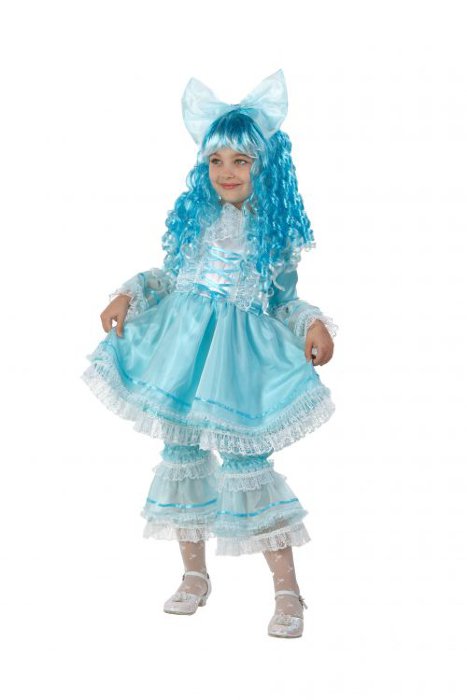 Костюм Кукла Мальвина 473 Костюм любимой куклы с голубыми волосами для девочек ростом 134см, в комплекте: платье, парик, панталоны с кружевом