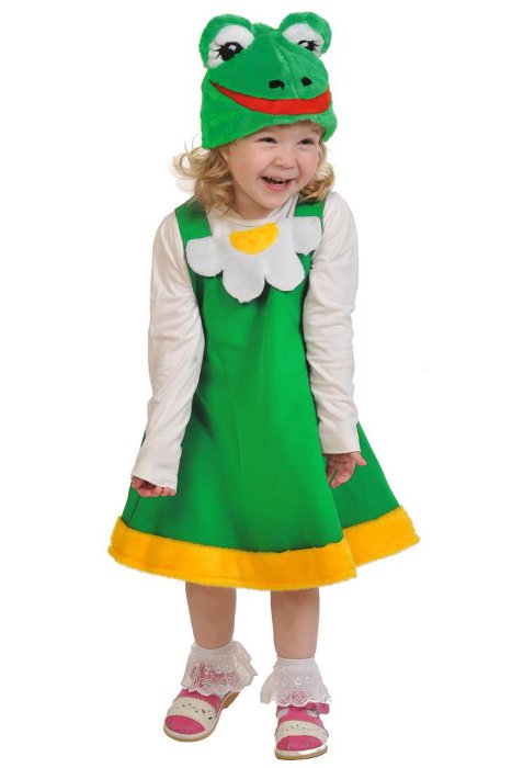 Костюм Лягушка ткань-плюш 2062 Детский костюм зеленой Лягушки для девочки  от 3 до 5 лет  (рост 92-122см). В комплекте маска и сарафан