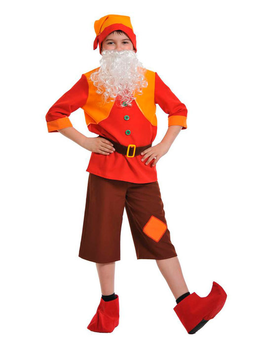 Костюм Гном Смельчак 5063 Детский костюм Гном Смельчак для мальчика 6-7 лет. В комплекте:колпак, бриджи, рубаха, пояс, борода, башмаки